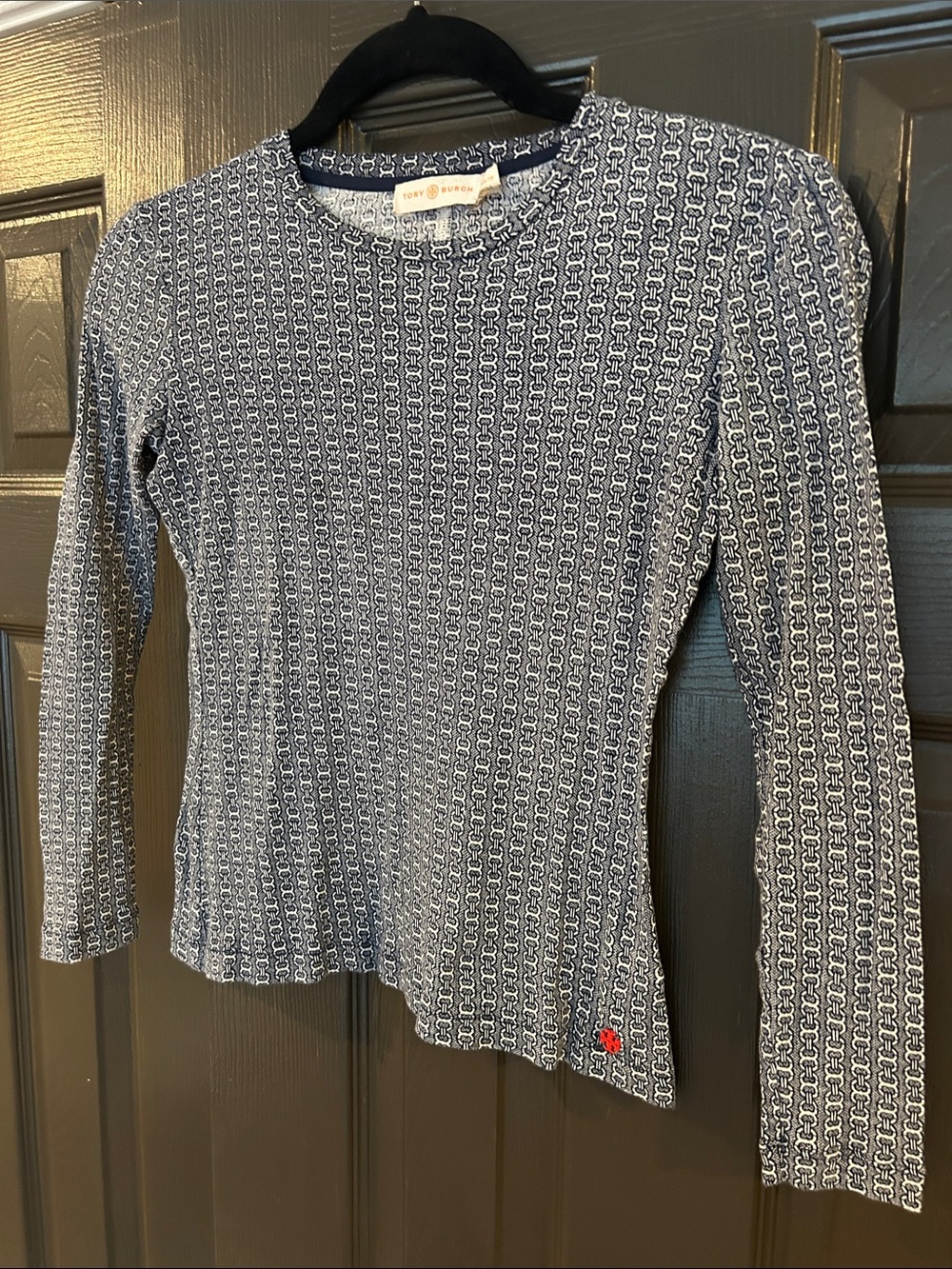 Tory Burch Navy & White Chain-Print Knit Top with Red Logo Accent